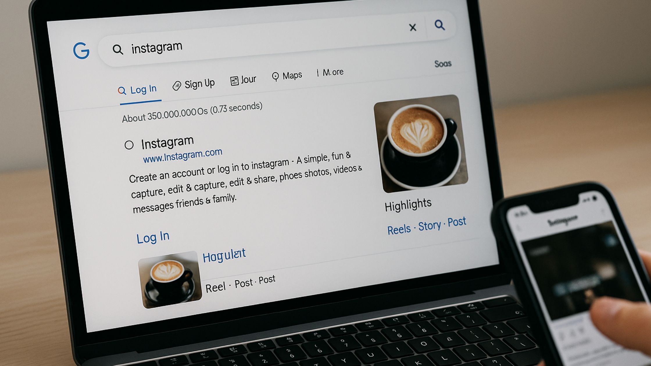 Busca do Instagram no Google exibida em laptop, com mão segurando celular mostrando o app