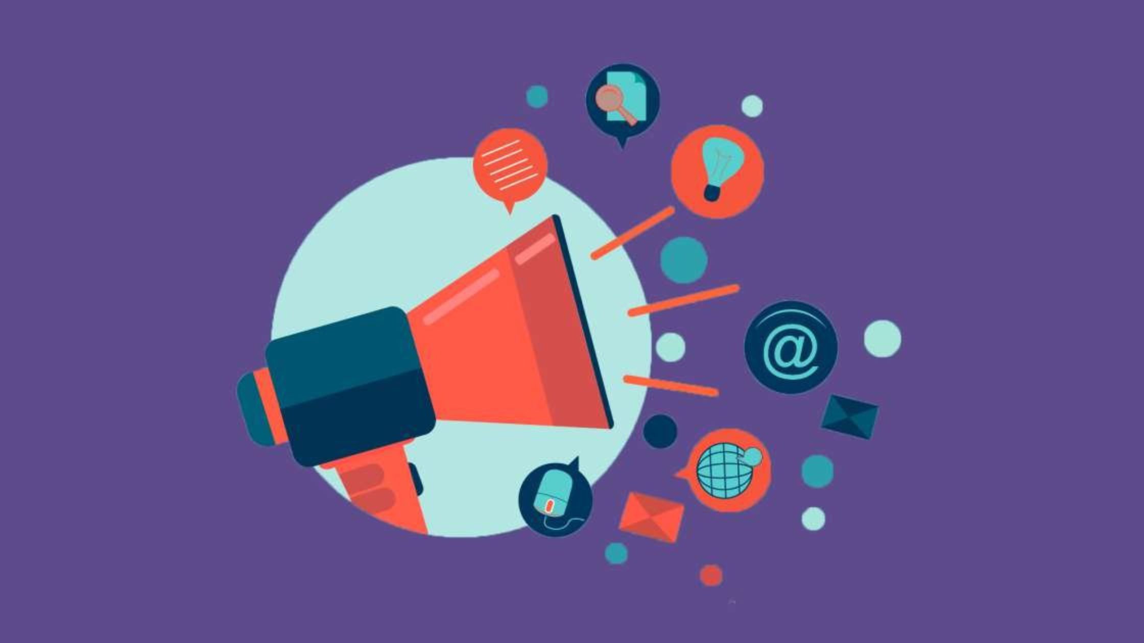 Megafone com fundo roxo com ícones de marketing digital